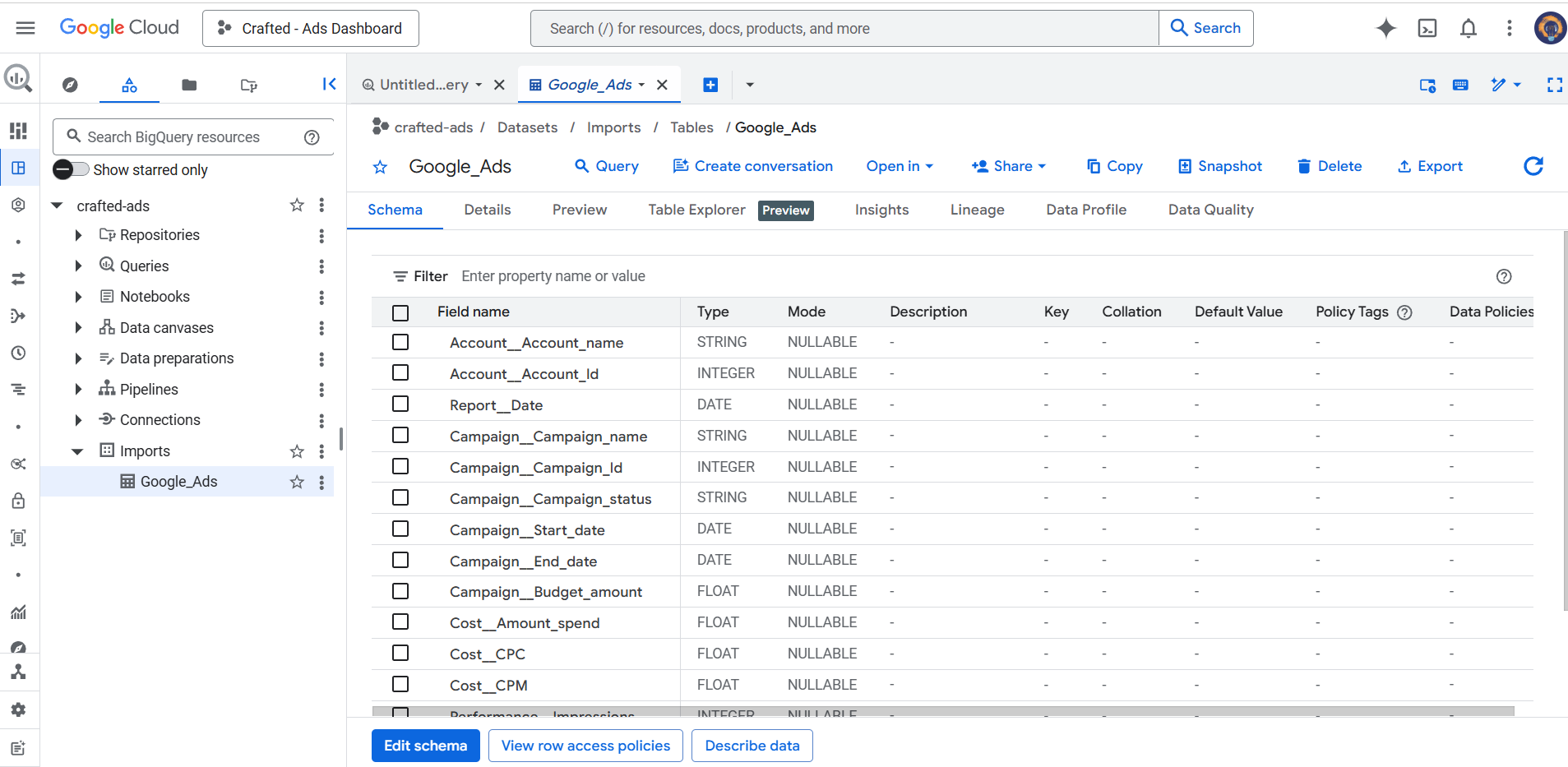 Screenshot of a BigQuery dashboard