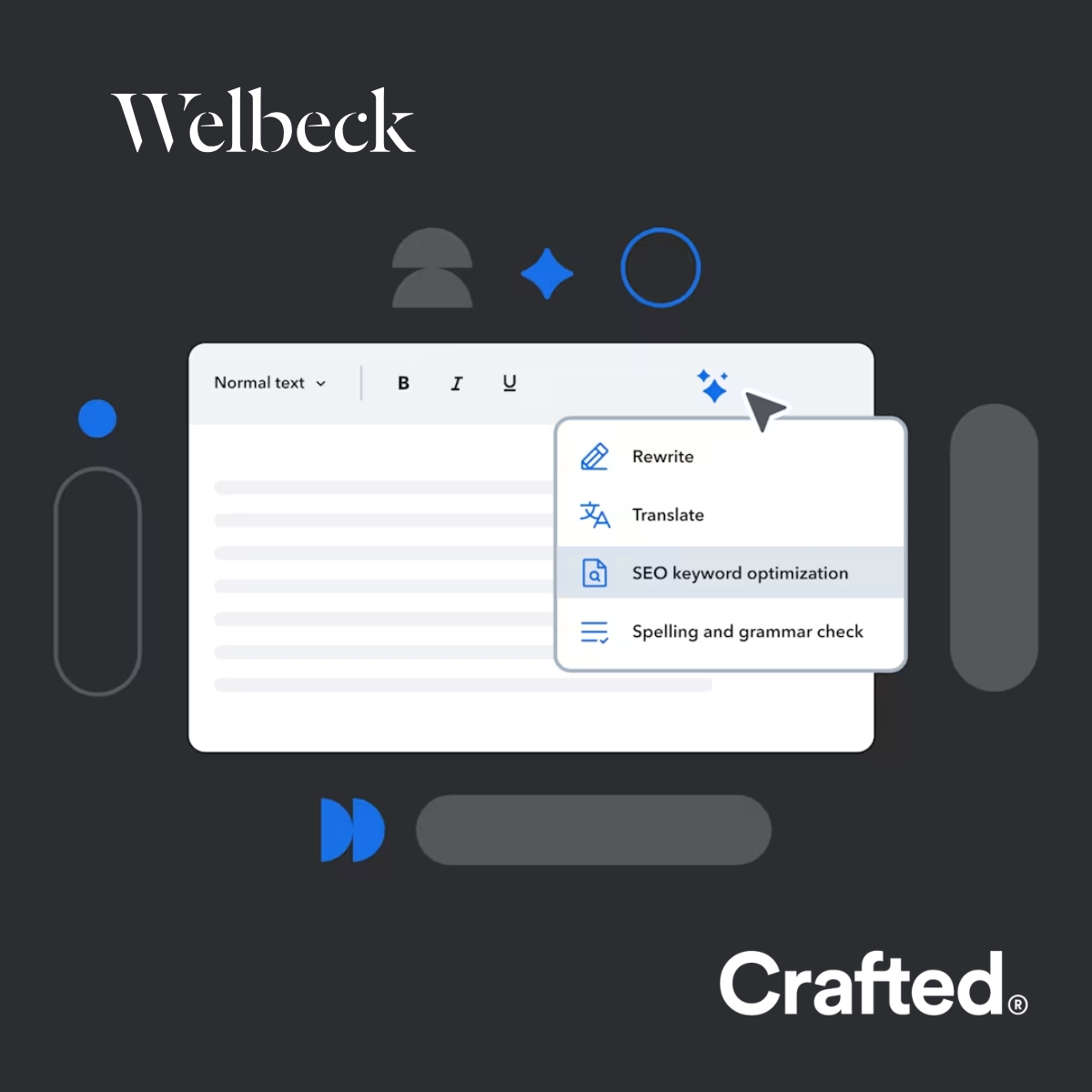 Contentful graphic showing AI tools such as Rewrite, Translate, SEO keywords and spelling check.