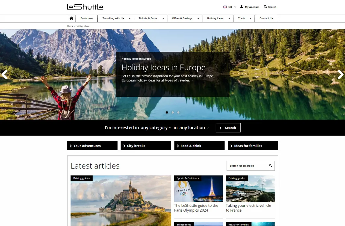 Eurotunnel Le Shuttle holiday ideas section on website
