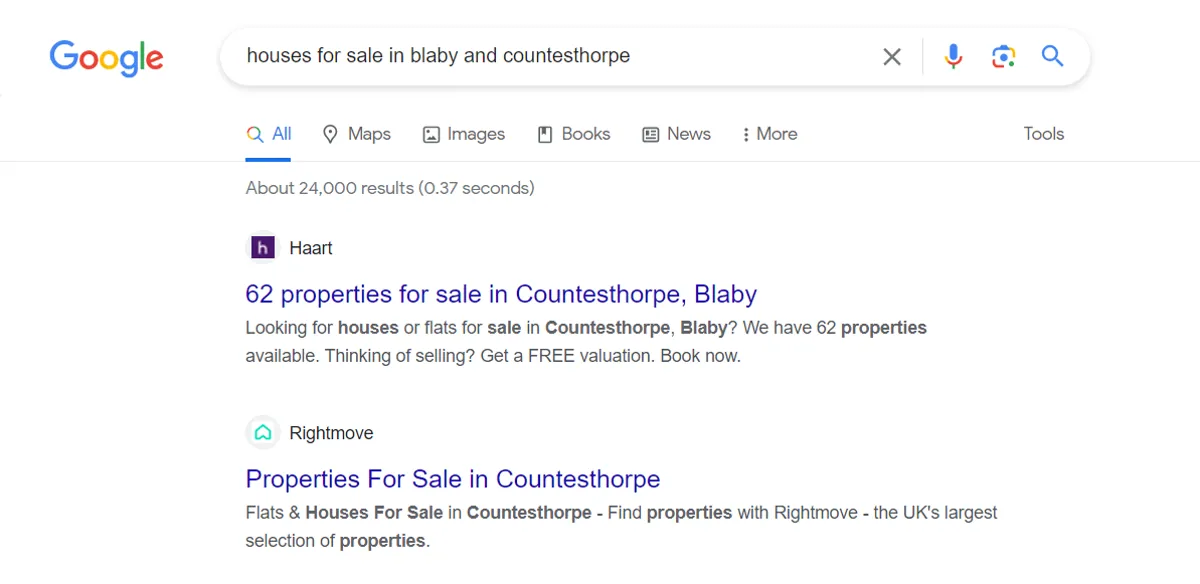 Search result showing haart's organic appearance above rightmove.