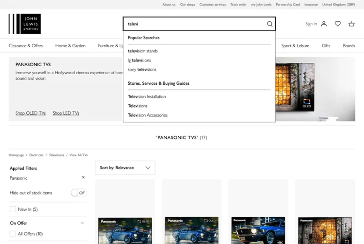 Site search functionality on the John Lewis website.