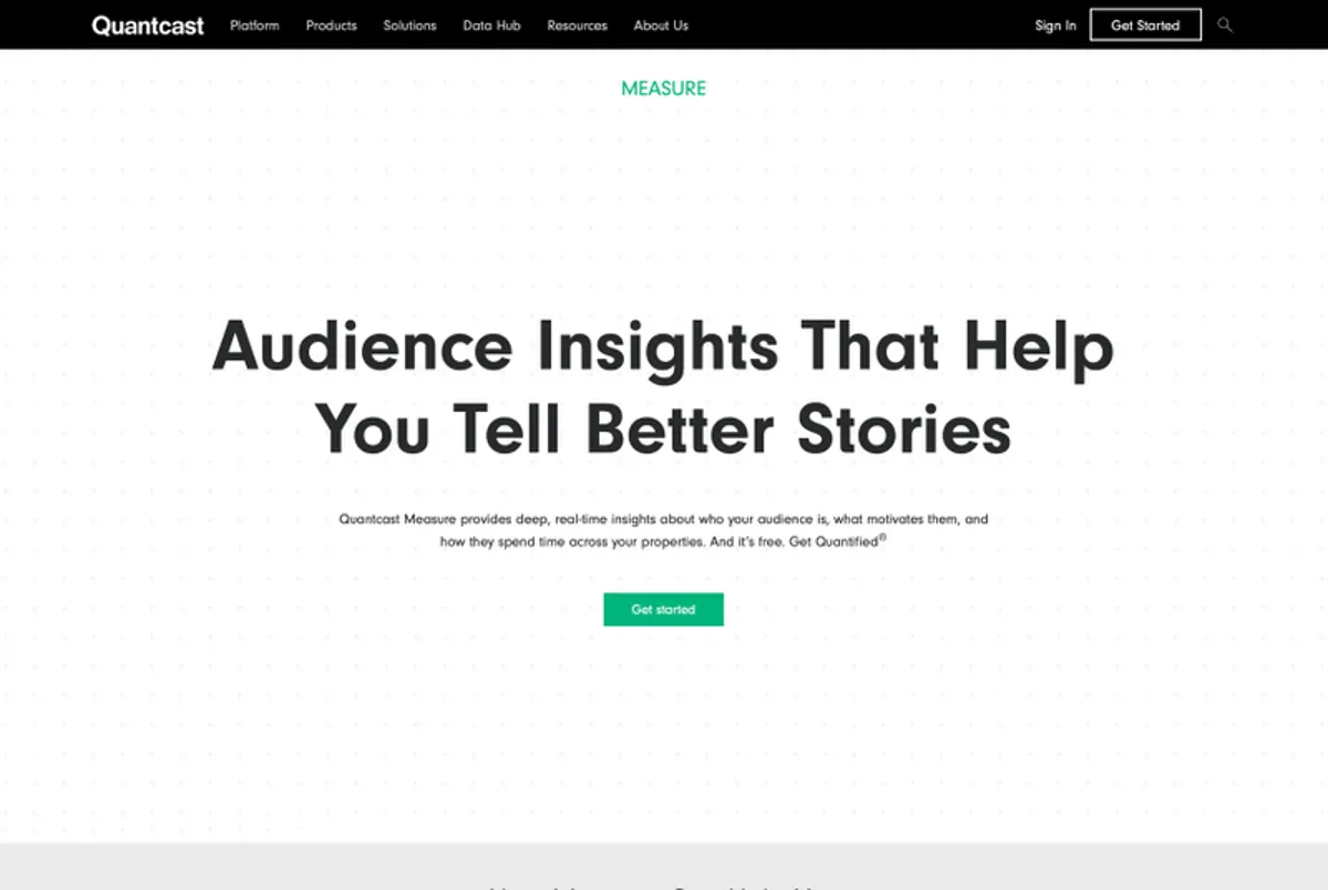 Quantcast Measure dashboard screenshot saying 'audience insights that help you tell better stories'.