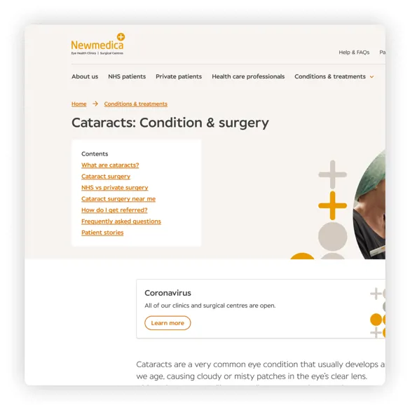 An example of a Newmedica service page for Cataracts