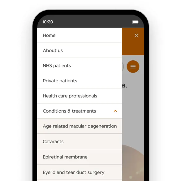 a website navigation menu for Newmedica shown on a mobile device