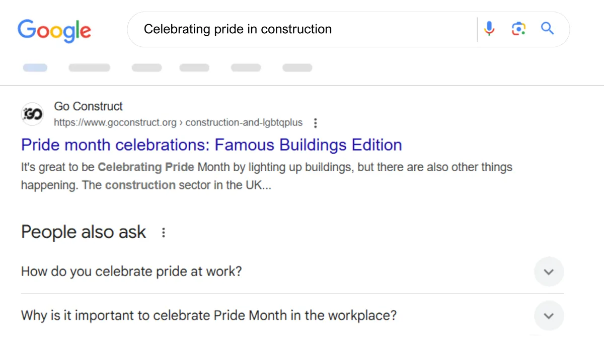 Screenshot showing Go Construct at the top position in Google for 'celebrating pride in construction'
