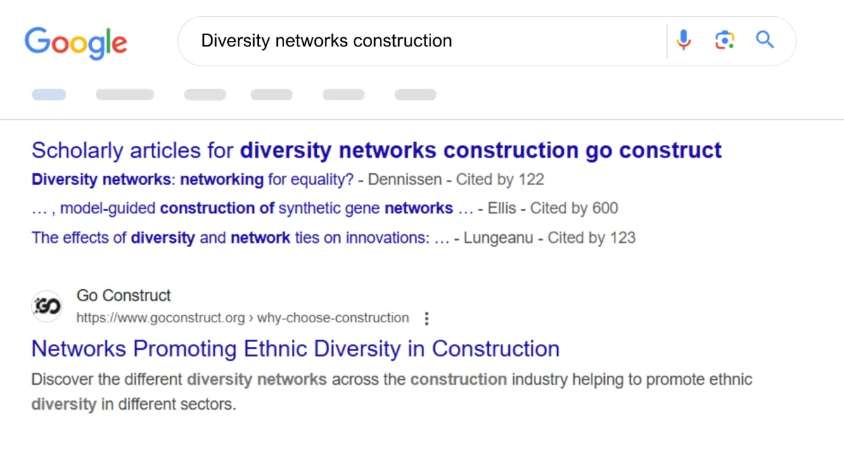 Search result showing Go Construct at the top position for 'Diversity networks construction'