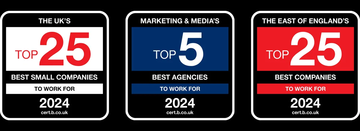 Three logos from Best Companies showing Crafted as a top 25 best small company to work for, top 5 best agency to work for and a top 25 east of england business to work for. Dated 2024.