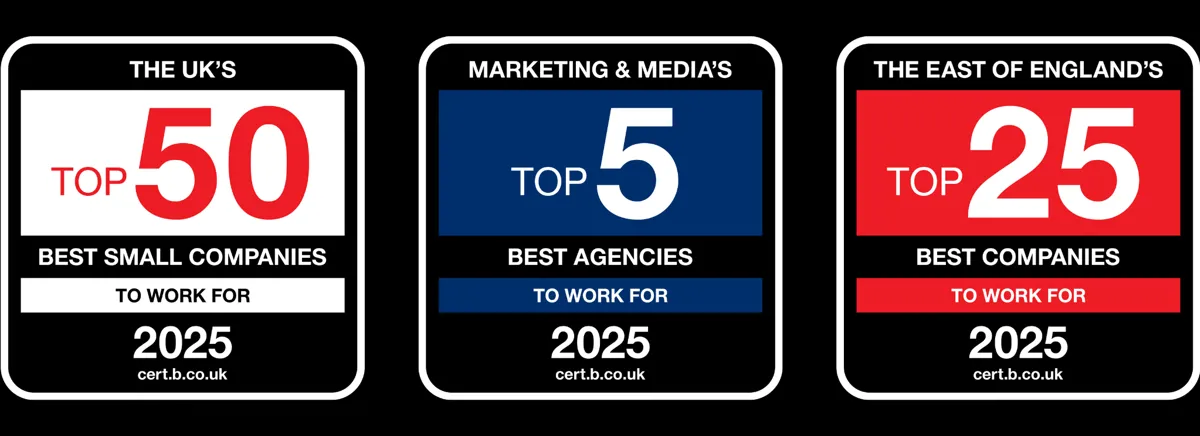Three logos from Best Companies showing Crafted as a top 50 best small company to work for, top 5 best agency to work for and a top 25 east of England business to work for. Dated 2025.