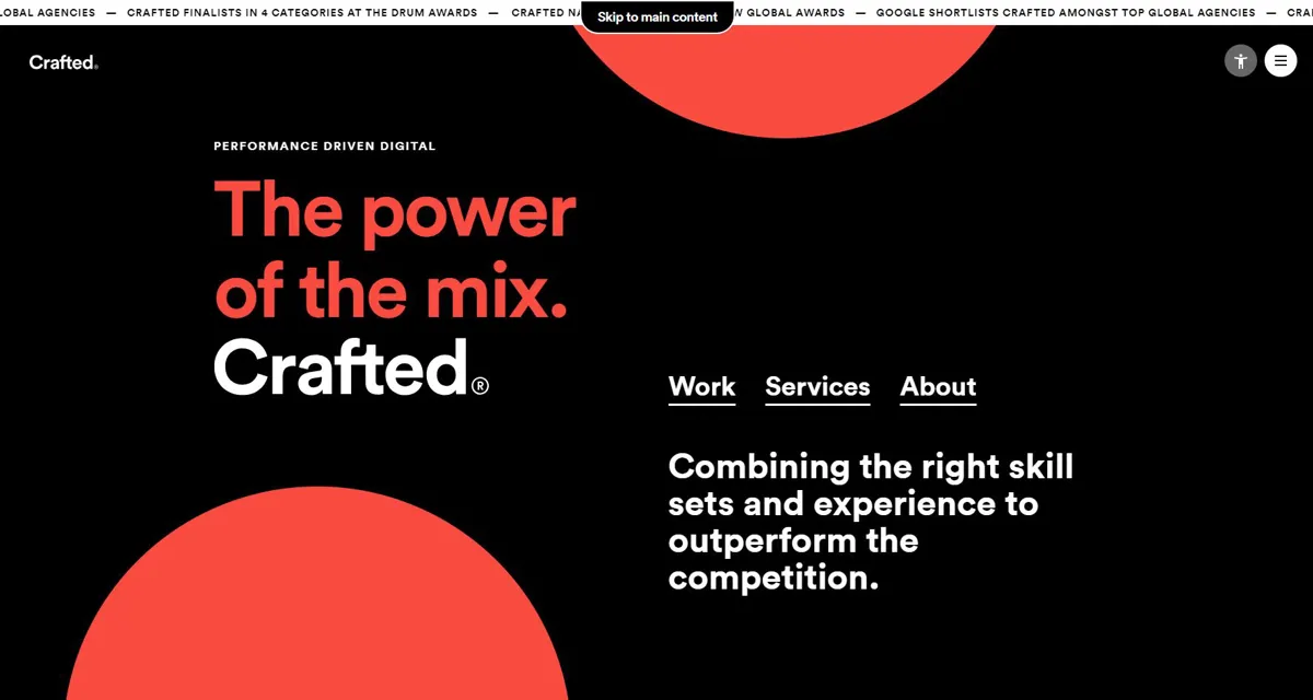 A screenshot from the Crafted website homepage which shows the 'skip to main content' functionality when you use the tab key to navigate. 