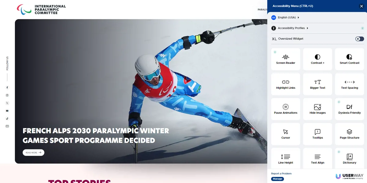 A screenshot of the Paralympic website homepage. It features an extensive accessibility menu with options including screen reader, contrast, text size, hiding images, dyslexia friendly amongst others.