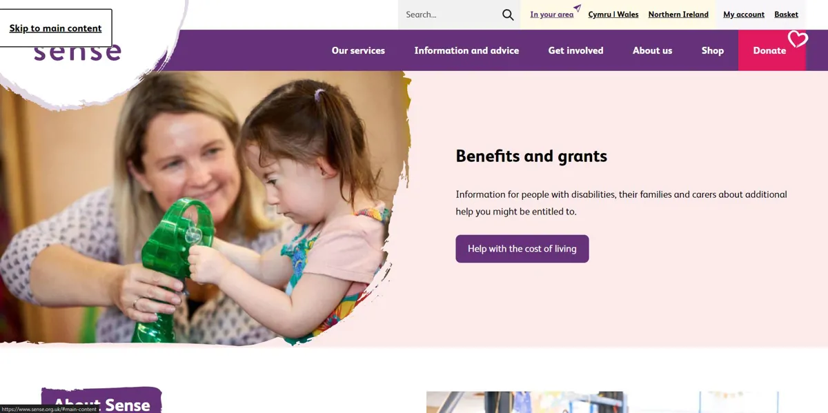A screenshot of the Sense charity's website homepage. It features a Skip to main content banner.   