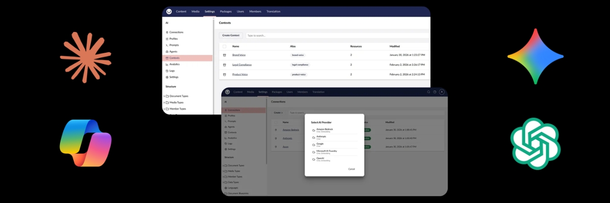 Screenshot showing Umbraco's UI with different AI tool options such as Claude, Gemini or ChatGPT.