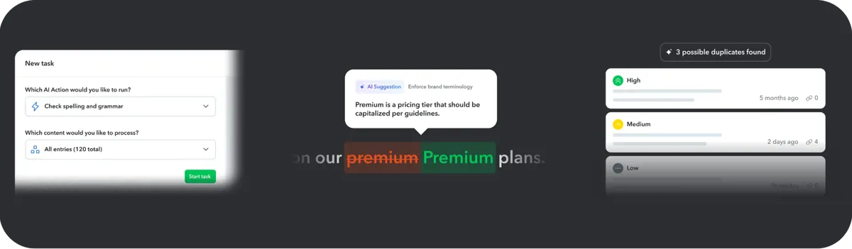 Contentful AI Actions options such as proof reading, checking brand consistency and understanding context for content.