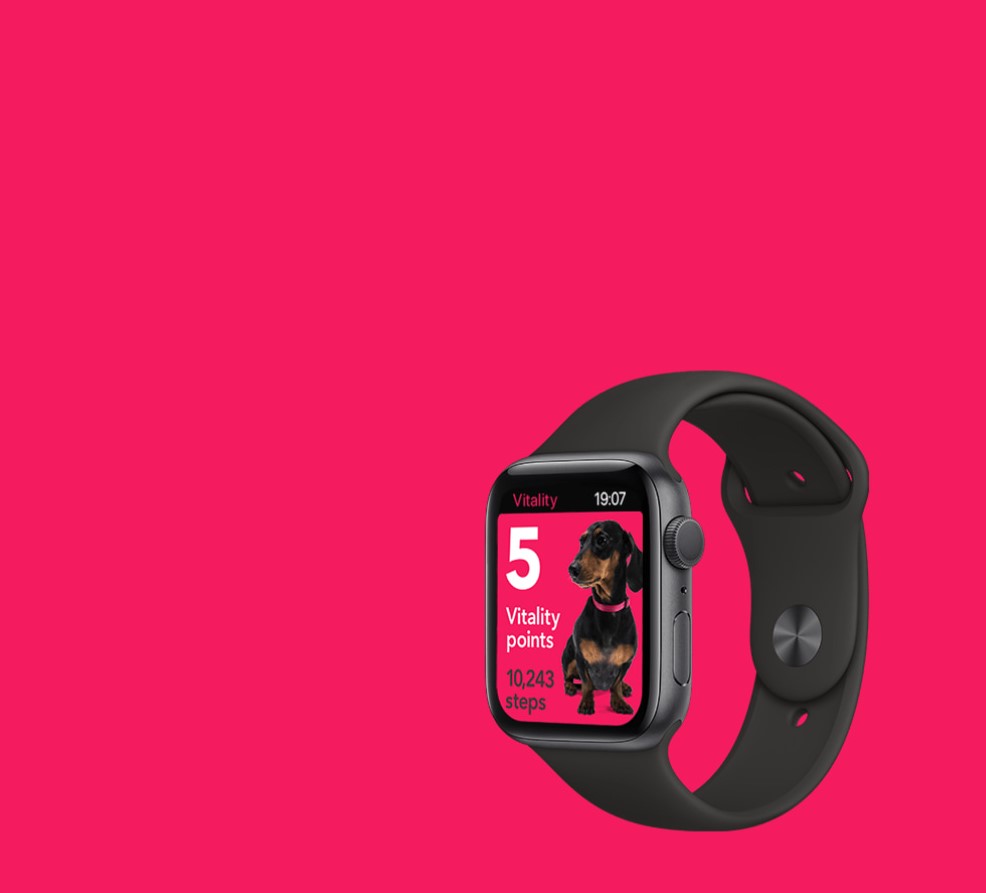 Apple Watch displaying Vitality points and step count, set against a vibrant pink background.