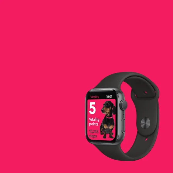 Apple Watch displaying Vitality points and step count, set against a vibrant pink background.