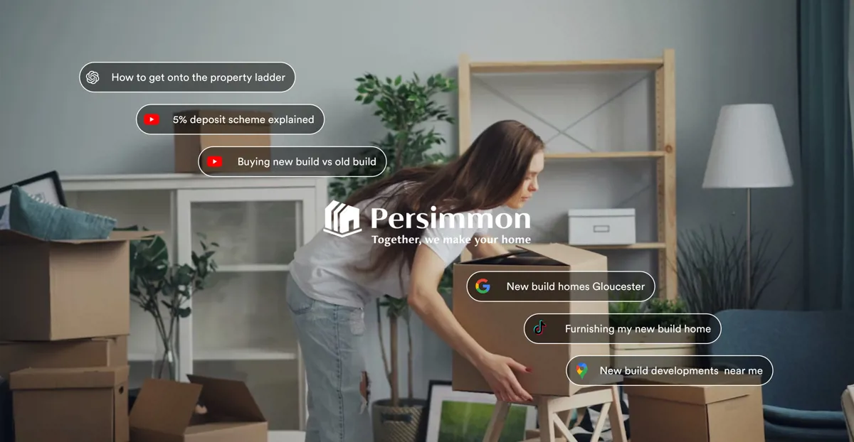 An image showing an example search journey for a Persimmon customer across platforms including YouTube, TikTok and Google.