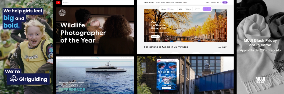 An image showing various marketing campaigns and websites for clients including Girlguiding, Burgess, MUJI, Natural History Museum and LeShuttle.