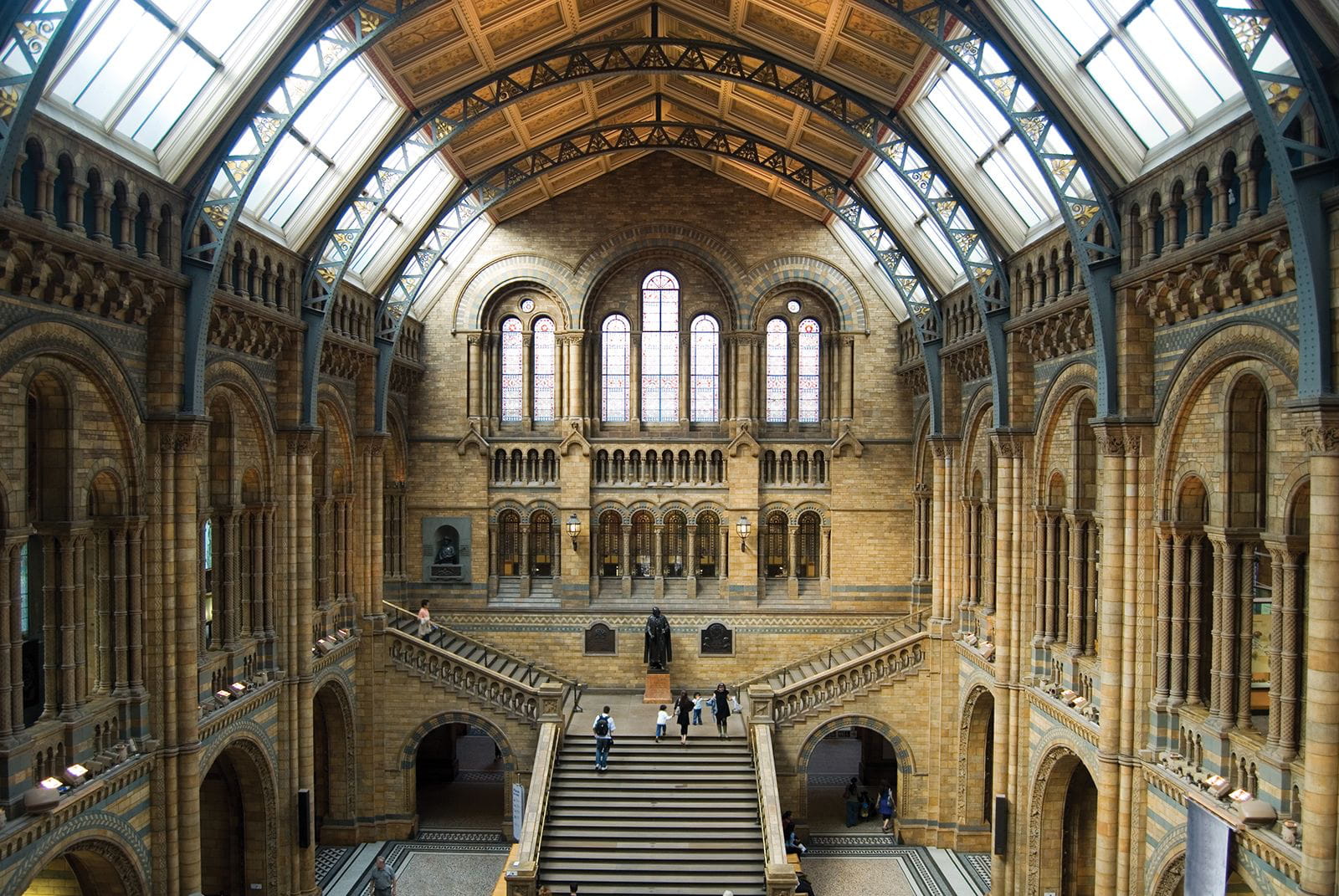 Natural History Museum empty hall with whale skeleton hanging from ceiling.