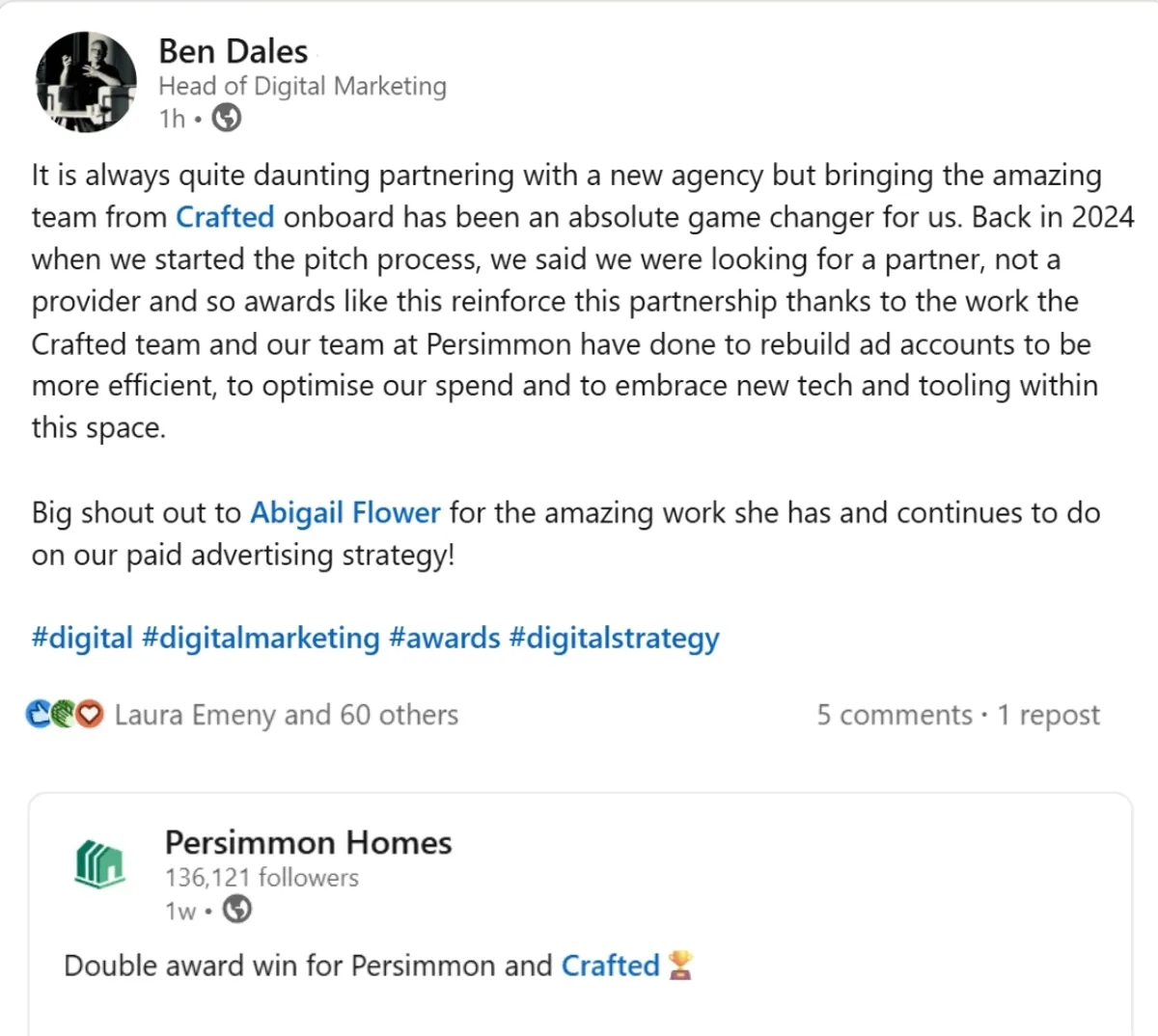 Image of LinkedIn feedback from Ben in Persimmon's marketing team. It references bringing the amazing team from Crafted onboard being an absolute game changer and celebrates their internal team too.